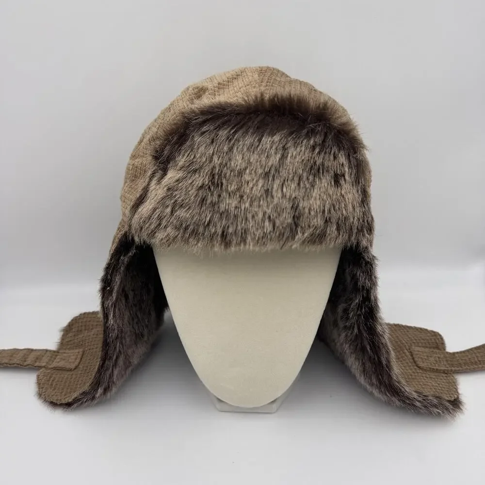 True Religion Trapper Hat Y2K Faux Fur Ear Flap Mens Brown Corduroy Winter Fall